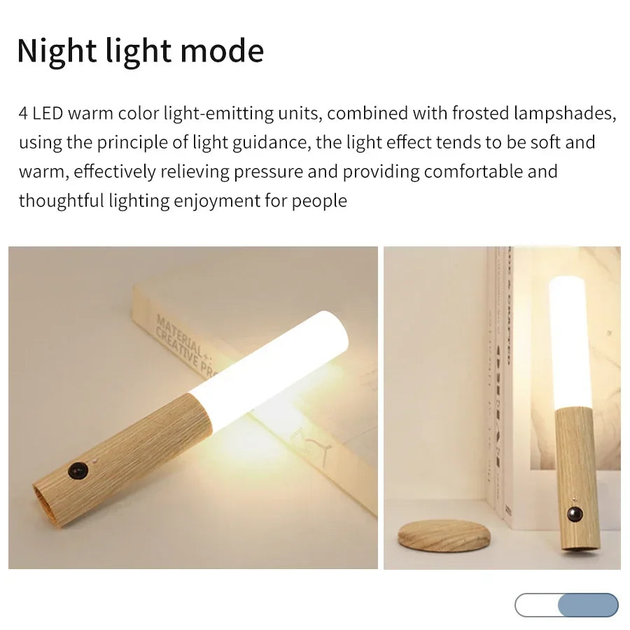 Motion Sensor LED Night Light Rechargeable Human Body Induction Wall Light Wood Grain Designed Lamp for Bedroom Stair Lighting