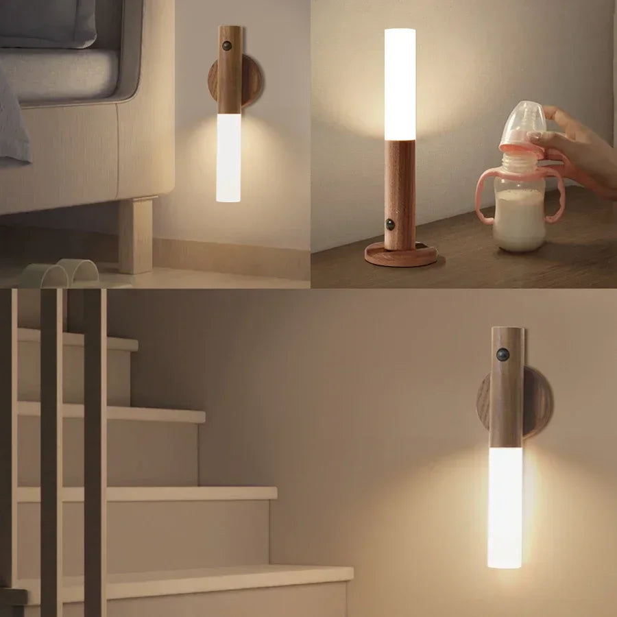 Motion Sensor LED Night Light Rechargeable Human Body Induction Wall Light Wood Grain Designed Lamp for Bedroom Stair Lighting