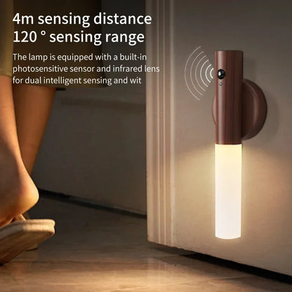 Motion Sensor LED Night Light Rechargeable Human Body Induction Wall Light Wood Grain Designed Lamp for Bedroom Stair Lighting